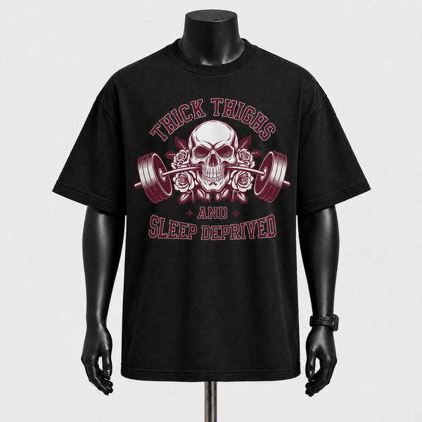 Thick Thighs and Sleep Deprived - Burgundy Emblem Streetwear Tee - mockup